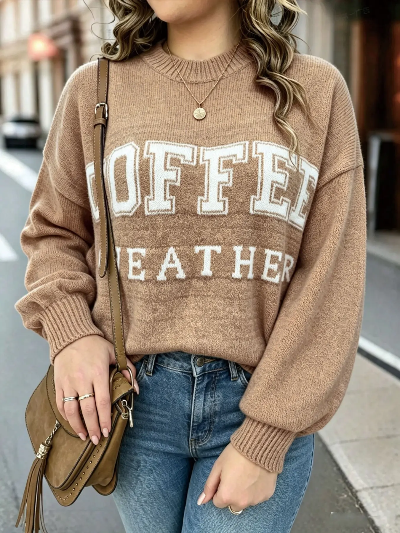 Plus Size Graphic Knit Sweater, Crew Neck Loose Knitted Pullover, Fall & Winter Street Style Casual, Women's Knitwear Long Sleeve Top for Parties & Daily Wear