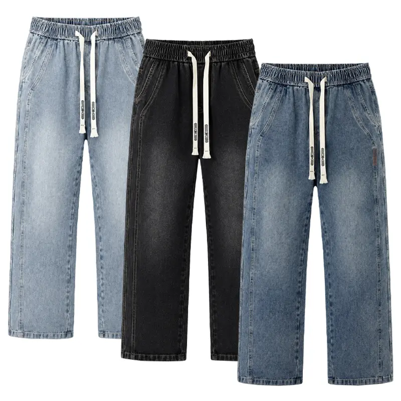 Men's Elastic Waist Vintage Washed Wide-Leg Denim Pants - Loose Baggy Drawstring Jeans with Side Seam Detail, Y2K Casual Streetwear (Multiple Colors)