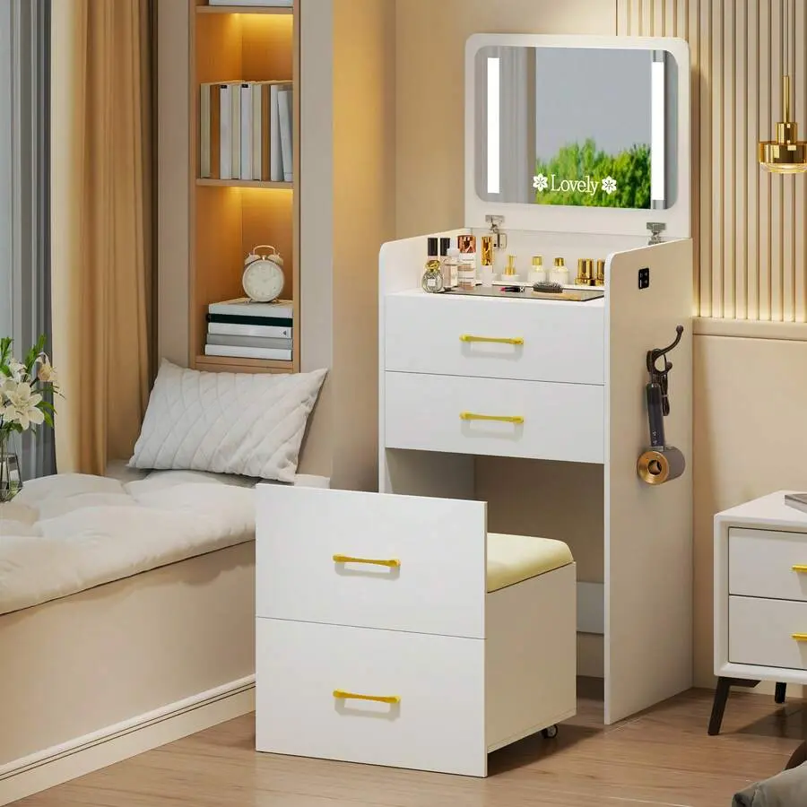 3 In 1 Vanity Desk With Flip Up Mirror And Lights, Glass Top Makeup Vanity Table With Charging Station,LED Compact Dressing Table With 3 Drawer And Wheel Storage Stool Bedroom(Black)