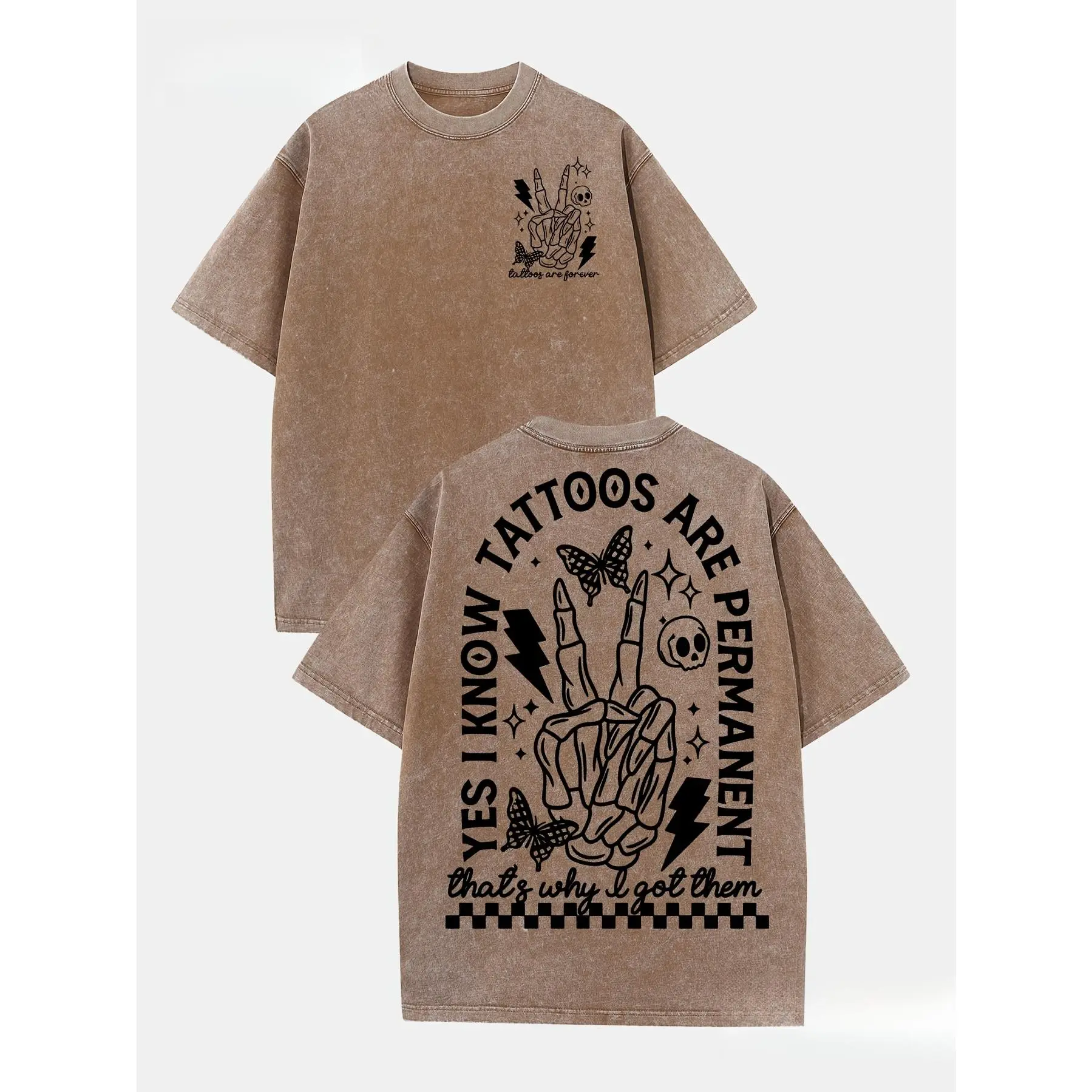Tattoos Are Permanent Skeleton Hand with Butterflies 230g Washed Cotton T-Shirt Vintage Street Double Sided Printed Pattern T-Shirt Men's T-Shirt Old Summer Clothing Shoulder Sleeves Crew Neck Top Short Sleeves