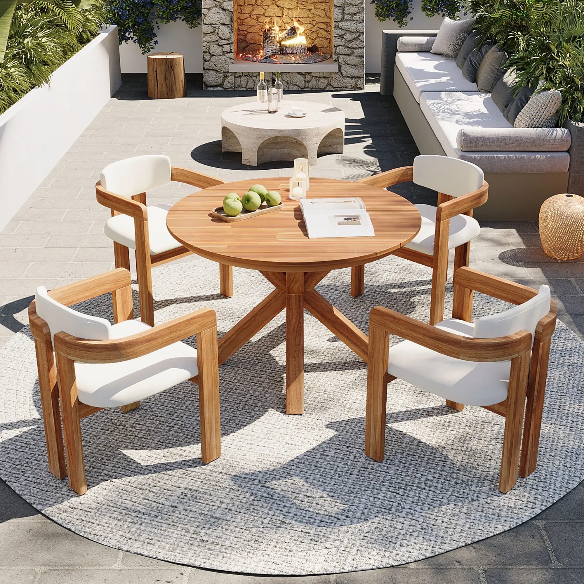 ARCH 5-Piece Outdoor Acacia Wood Round Dining Set - 4 Barrel Chairs with Beige Cushioned Seats & Backs, Natural Woodgrain Solid Wood Round Dining Table, 4-Person Outdoor Furniture Set for Patio, Kitchen Use