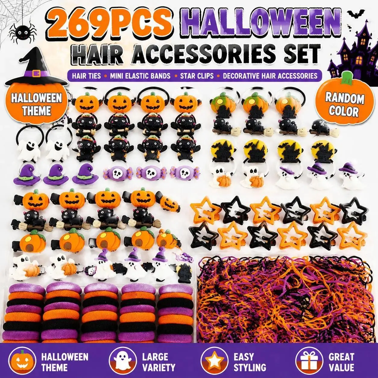 110/269pcs  Halloween Hair Accessories Set for Girls, Cute Pumpkin Ghost Bat Hair Clips, Spooky Hair Ties & Mini Elastic Bands, Halloween Costume Accessories for Party, School Events & Trick or Treat
