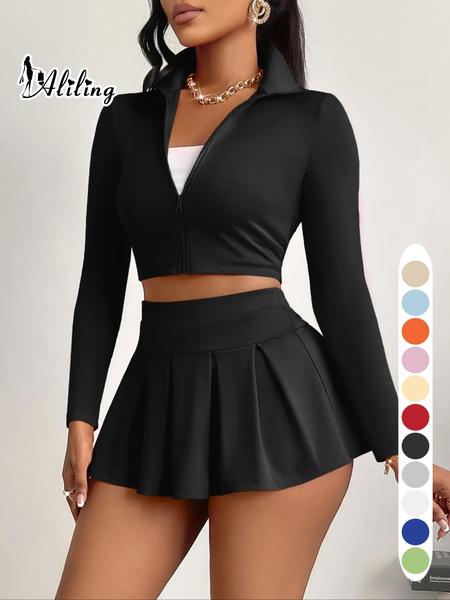 Aliling Casual Women's Two-Piece Set, Spring & Fall Long Sleeve Zipper Crop Top, High Waist Short Pleated Skirt, Slim-Fitting Crop Top and Skirt