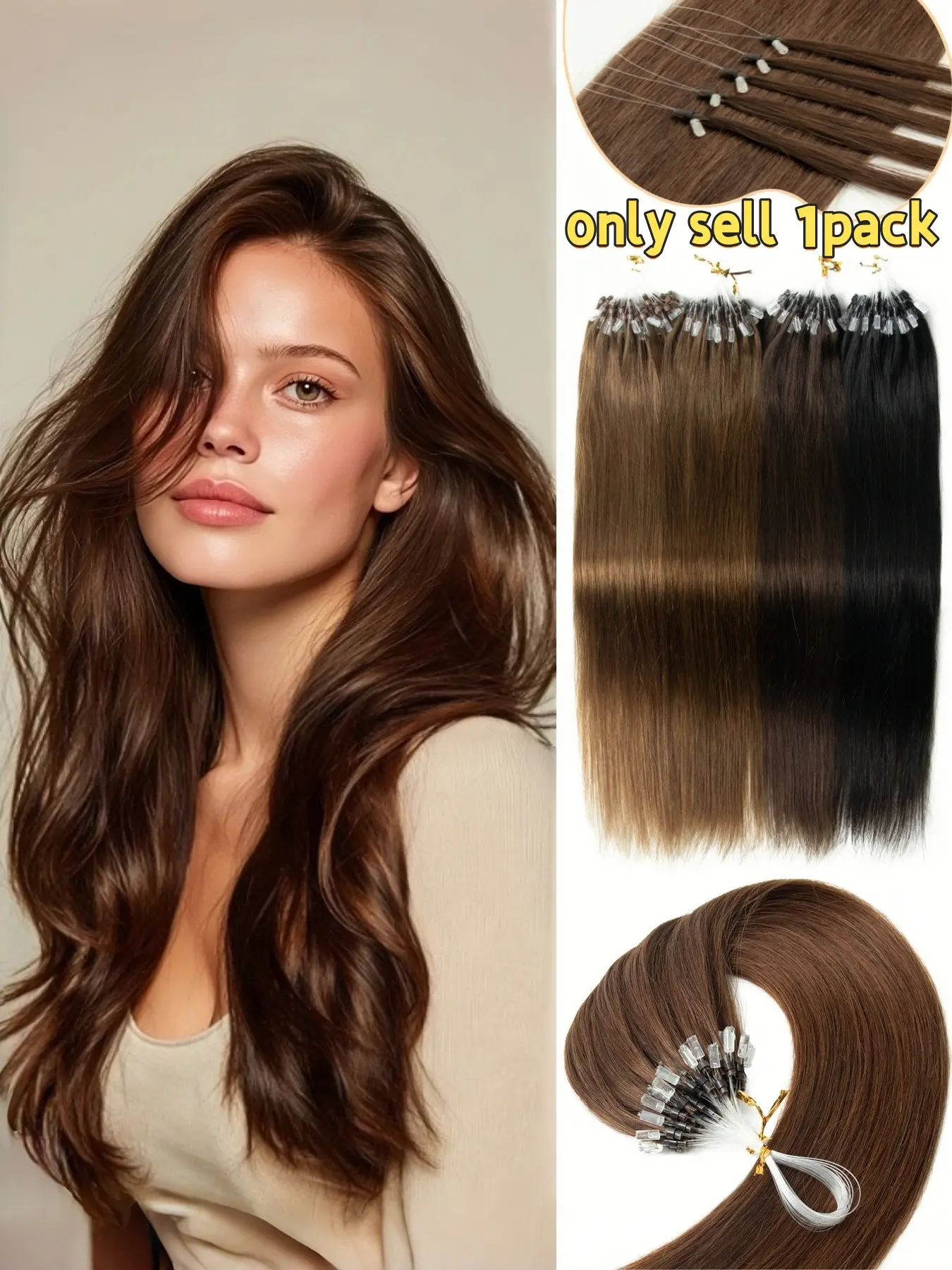 30g/50pcs Natural Micro Loop Ring Hair Extensions, Easy Installation, No Glue, No Tape, No Heat, Adds Volume and Length, Ideal for Daily Styling