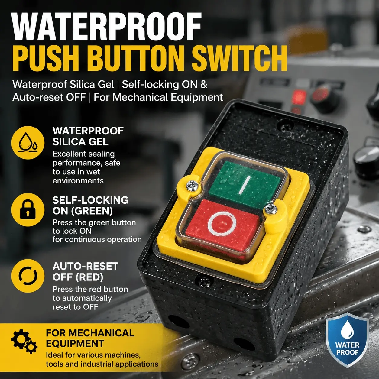 Waterproof Emergency Stop Push Button Switch 10A 250V 380V High Current for Cutting Machine Drill Press Plastic Motor Lathe Punch Electric Tool Corrosion Resistant Durable Power Control Switch Electrical Component Kit