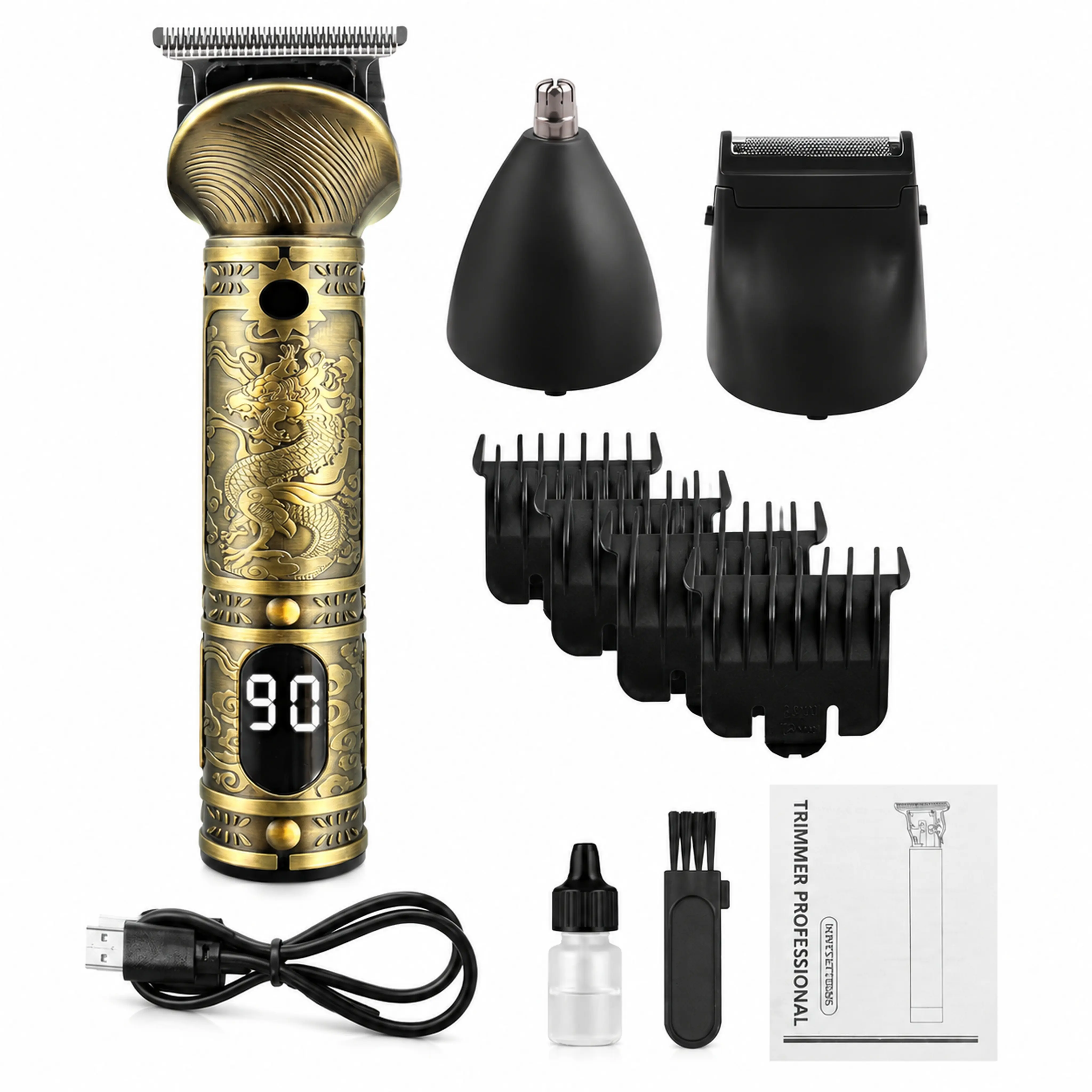 Men's Vintage Dragon T9 Model Hair Trimmer Kit, Professional 0-Gap Cordless Rechargeable Barber Clippers, LCD Display, Adjustable Speed, Portable Long-Lasting Grooming Set for Beard, Hairline Styling