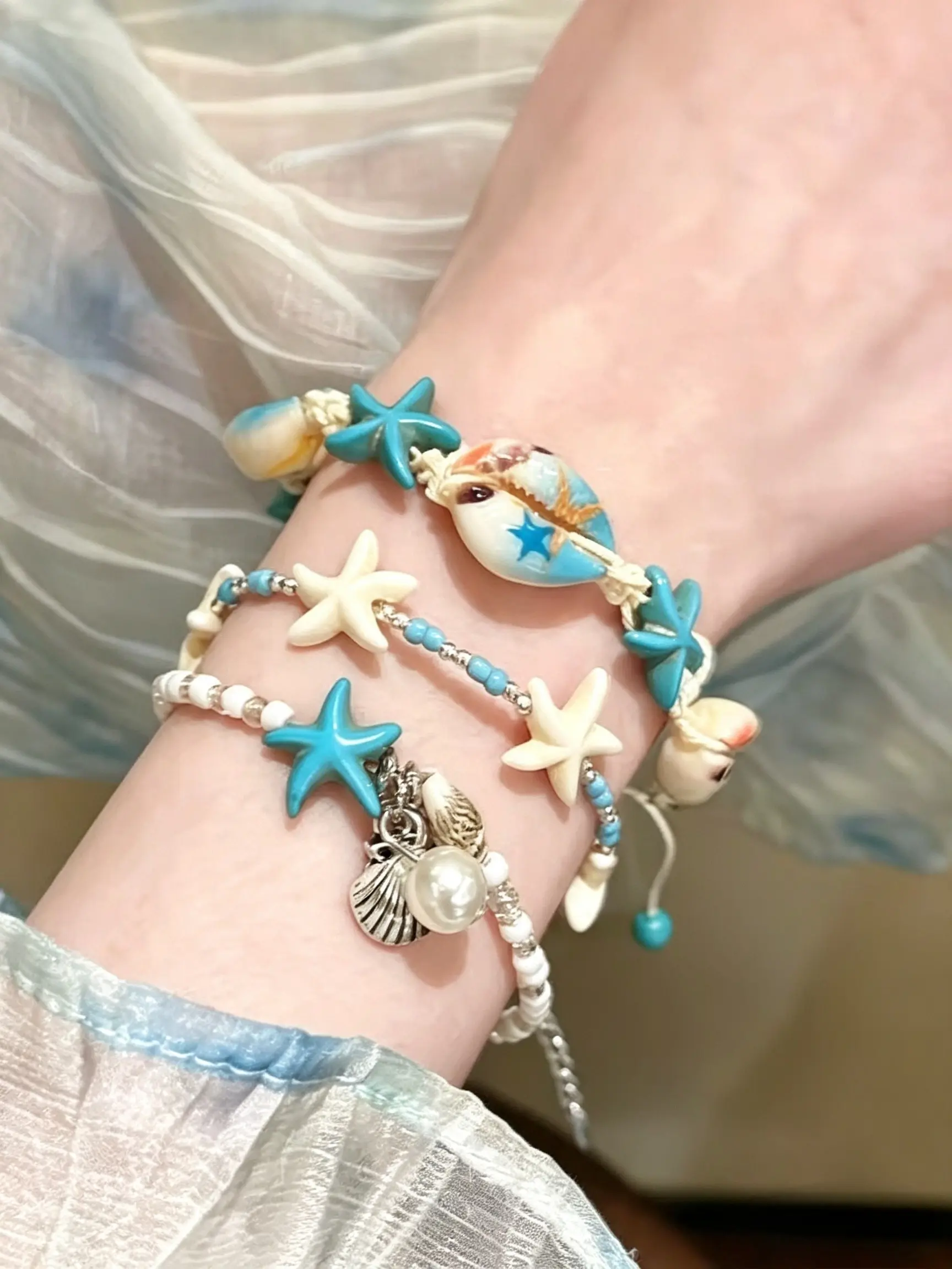Boho Blue Beaded Bracelets for Women, Starfish & Shell Pendant, Hand Chain, Casual Style, All Seasons, Summer Beach Jewelry Gifts