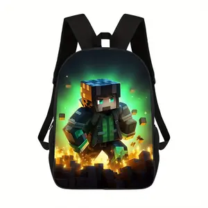 Minecraft Cartoon Character Basic Backpack - Lightweight Black Unisex Print Bag with Adjustable Shoulder Straps, Zipper Closure, Minimalist Design - Ideal for Casual Travel, Commuting, Concert Use - Perfect Holiday Gift