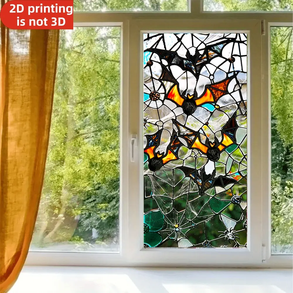 1pc, Gothic Style, Colorful Stained Glass Effect Bat And Spider Web Pattern, Static Cling Window Sticker, Window Decals, Halloween Decoration for Home, Bedroom, Office, Privacy Protection And Light Filtering