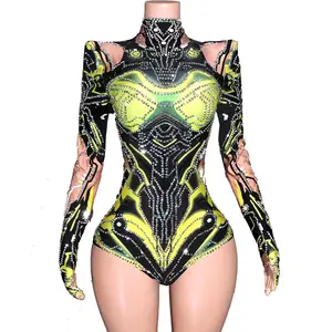 Sparkly Rhinestones Long Sleeve Bodysuit For Women Performance Dance Costume Singer Dancer Show Stage Wear Nightclub Outfit