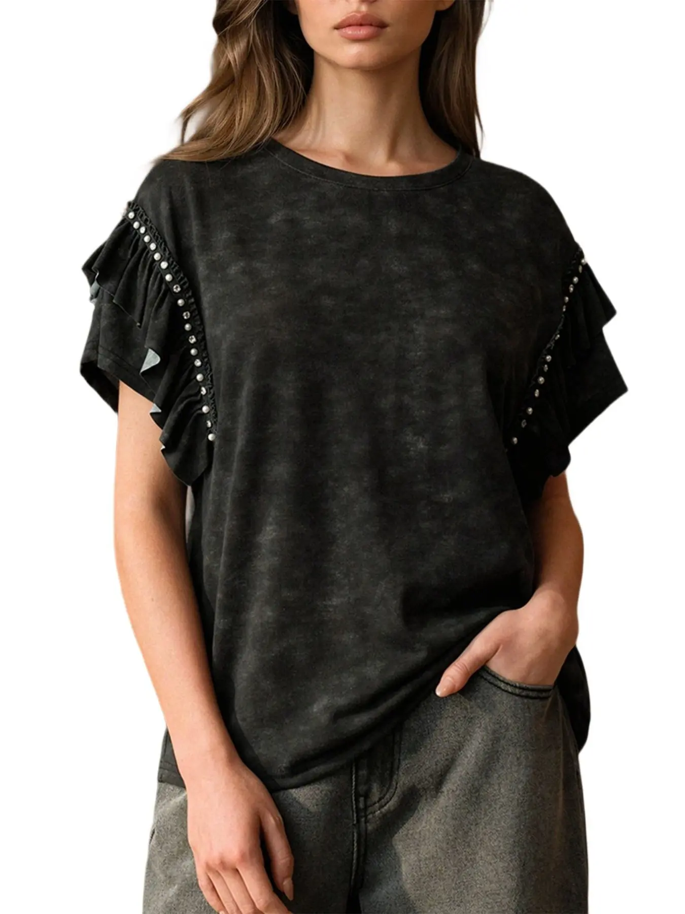 Women's Summer, Fashion Modern Colorblock Fabric, Layered Ruffle Sleeves, T-Shirt, Perfect for Commuting, Everyday Wear, Date Nights