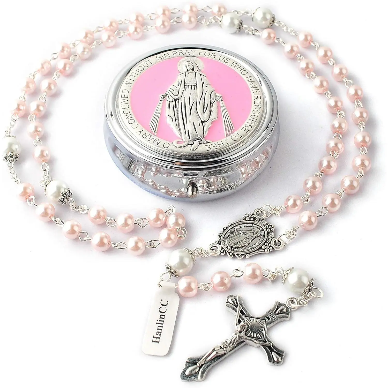 HanlinCC 6mm Glass Pearl Beads with 8mm Our Father Beads with Caps Rosary Pack in Miraculous Metal Gift Box
