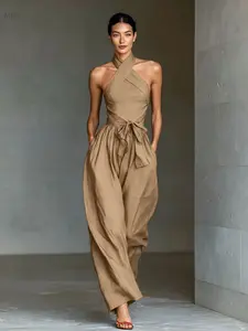 T6106 Chic Cross Halter Neck Active Fit Jumpsuit, Belted Waist Flowy Wide Leg With Pockets, Viral Summer Resort Dating Vacation Matching Outfit.