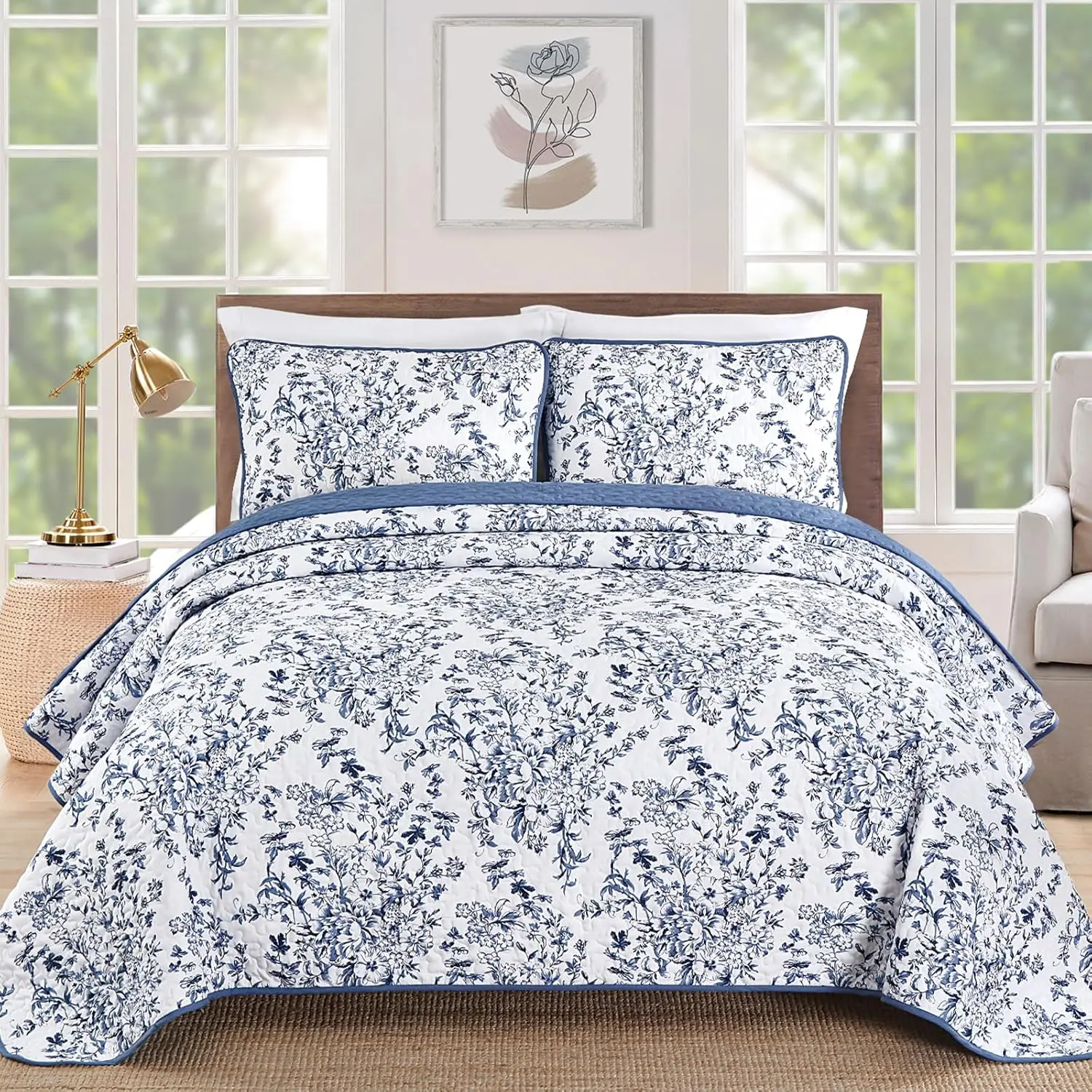 Queen Size Botanical Blue Bedding Set - 3 Pieces (96"x90") with 2 Pillowcases, Soft Microfiber Lightweight Coverlet Bedspread, Double Stitching, Blue and White Print Quilts for Farmhouse Bedroom Decor, All Seasons
