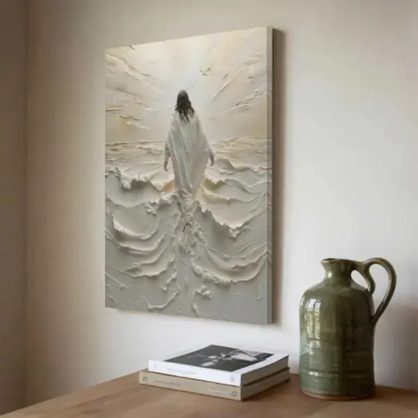 Jesus Walking on Water Artistic Canvas Print - Minimalist Divine Light Wall Decoration, Ready-to-Hang Christian Spiritual Home Decor Gift