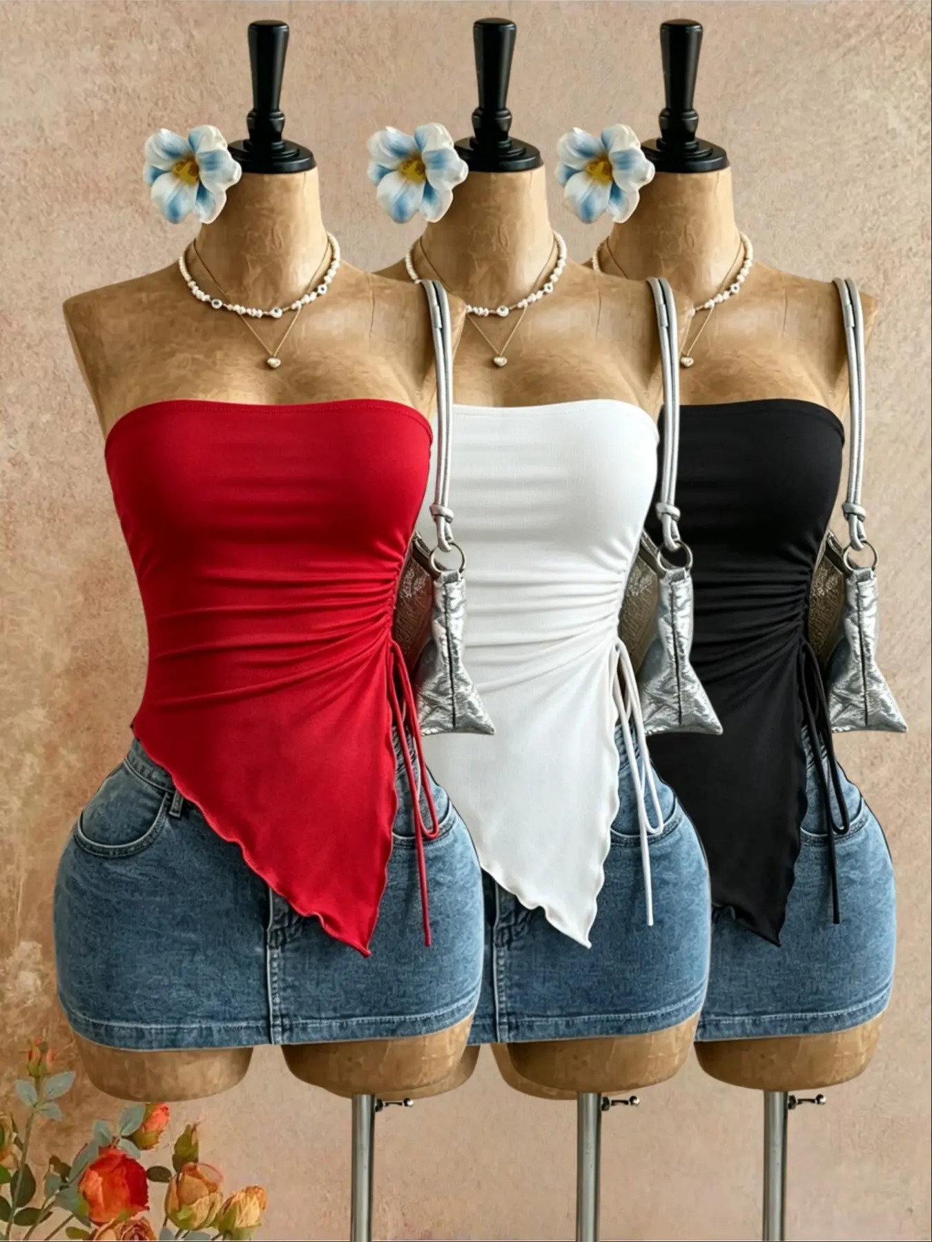 Three-Piece Solid Color Tube Top Set, Asymmetrical Ruffle Hem, Casual Sleeveless Strapless Elastic Slim Fit, Streetwear Casual Style, No Buttons or Zippers