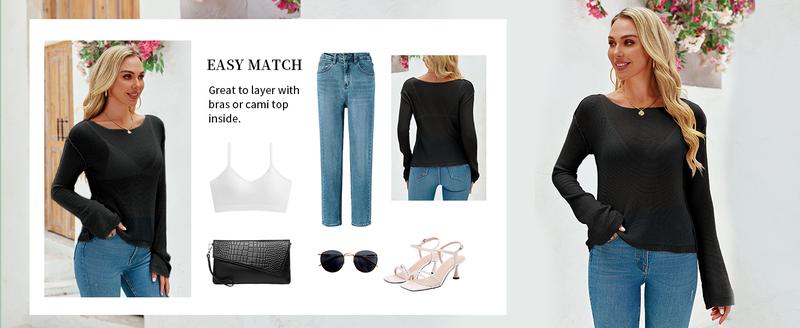 Imily Bela Womens See Through Shirt Boat Neck Long Sleeve Knit Casual Blouse Tops M1H808