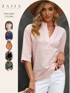 Women’s Lightweight Linen Blouse, Casual V Neck Half Sleeve Shirt, Button Front, Loose Fit Tunic Top for Vacation, Beach, Travel, Work, Everyday Wear, Aesthetic