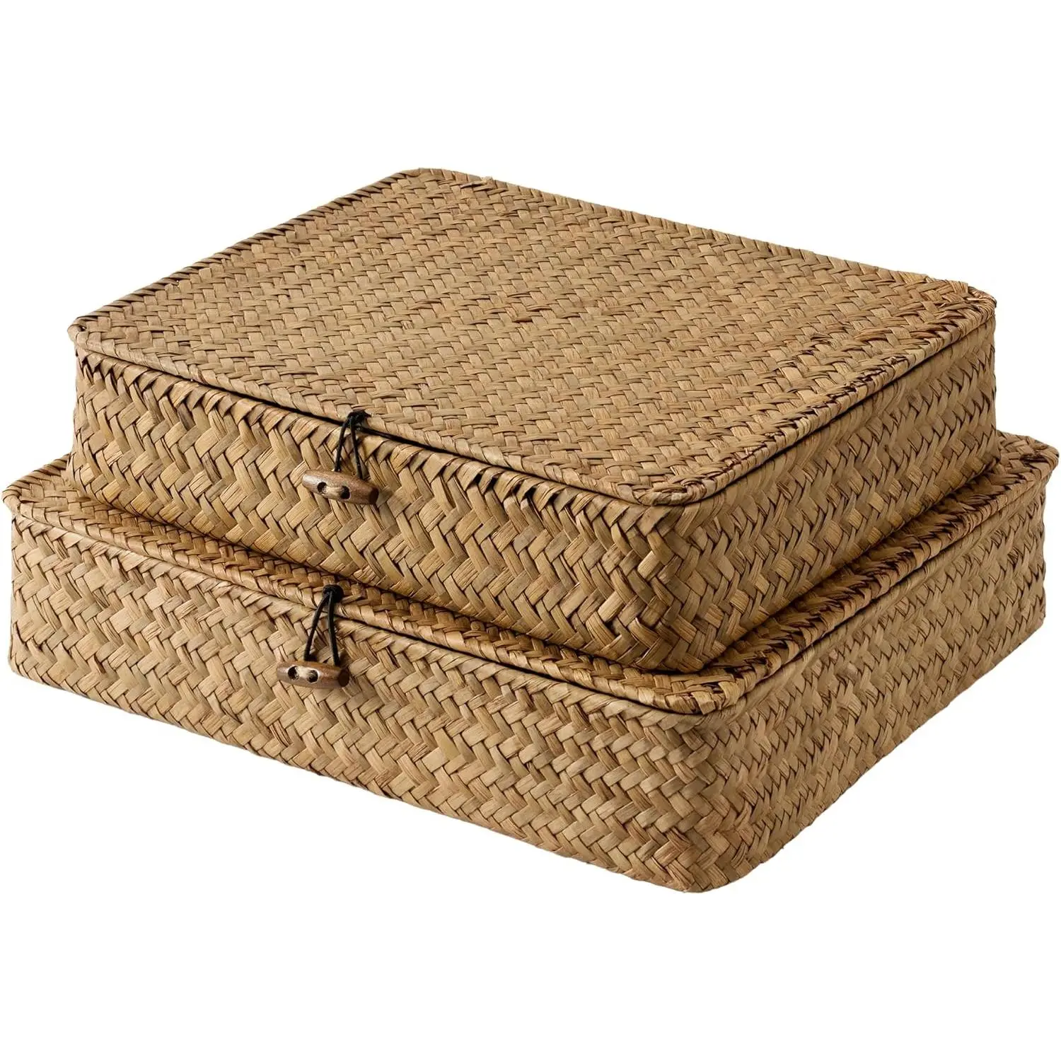 StorageWorks Wicker Basket with Lid, Flat Wicker Storage Box, Decorative Storage Box with Lid, Seaweed Woven Storage Basket, Woven Basket for Shelves: Home and Kitchen