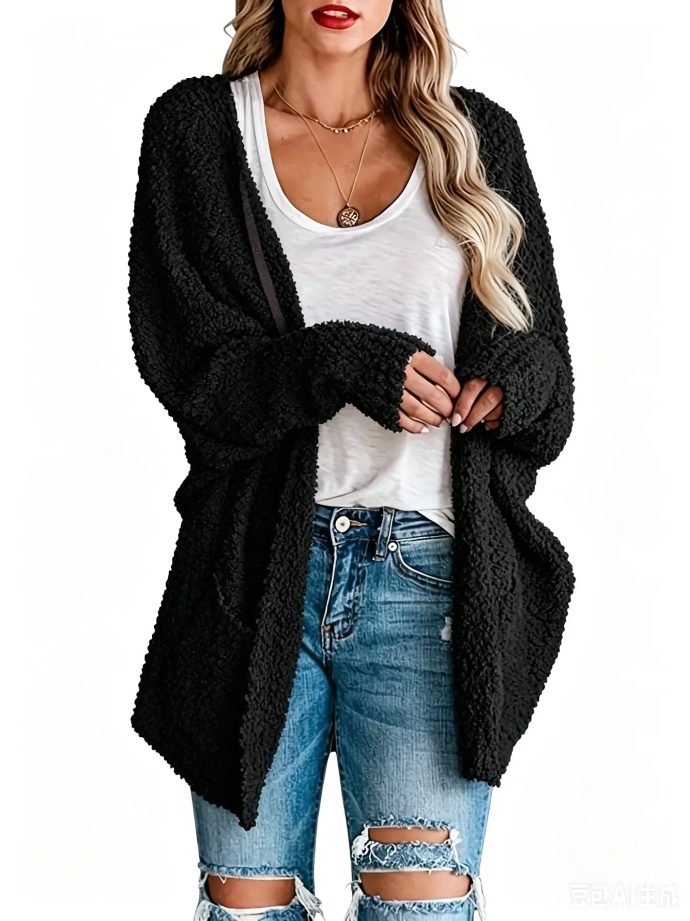Women's Versatile Fleece Knit Sweater Coat, Fashion Plush Pullover with Two Pockets, Stylish and Comfortable Outerwear for Daily Wear