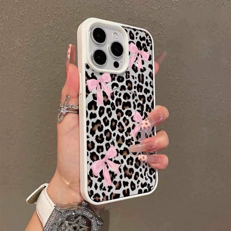 Leopard Print Bow Pattern Premium Magnetic Phone Cases for iPhone 16 15 14 Pro Max 13 12 11 Plus Smartphone Shockproof Protection Acrylic Cover Cellphone Protective magsafe magnetic case Aesthetic Resistance Casing Protector.QXE719