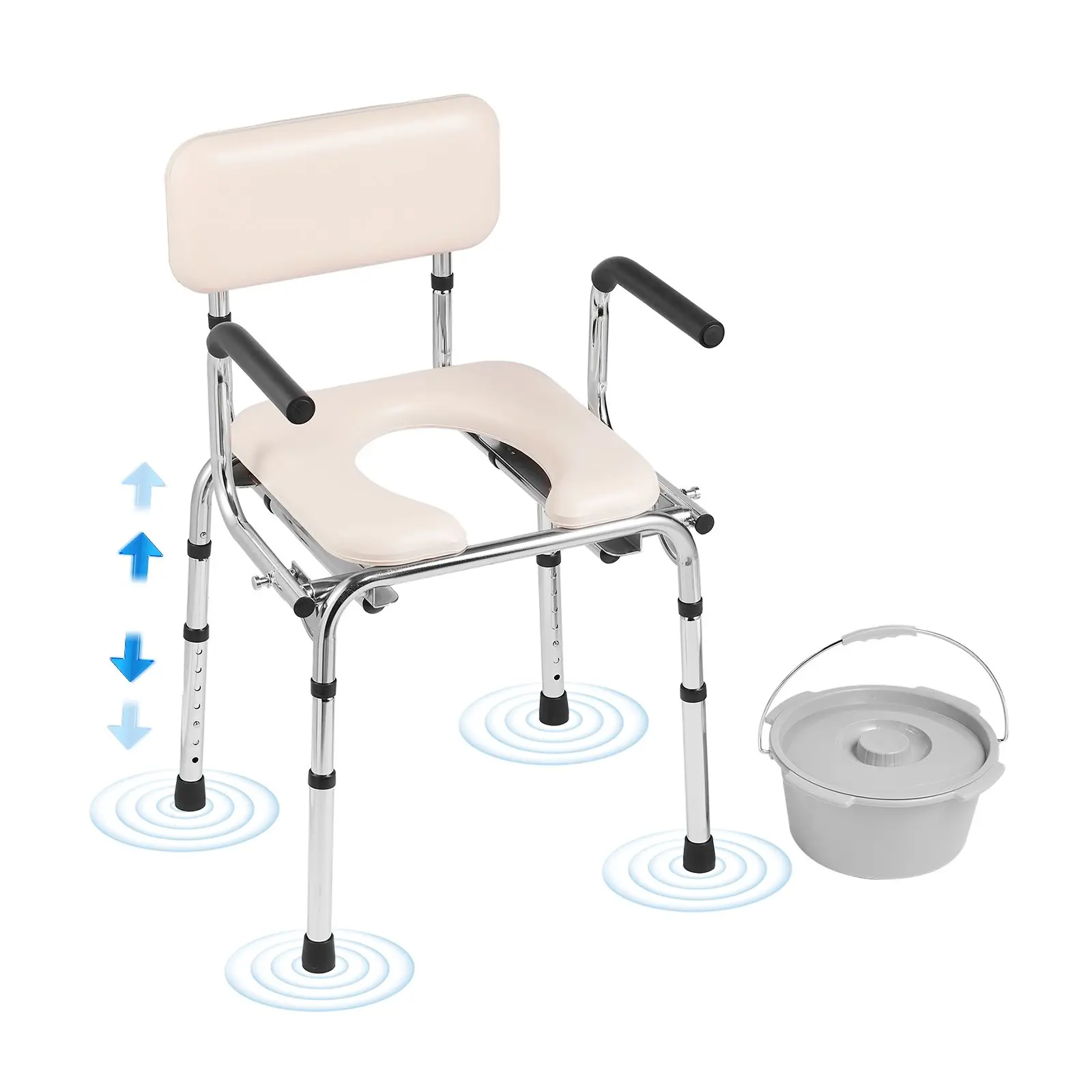 【DealsForYouDays】VEVOR Commode Chair, Bedside Commode with Padded Seat, Drop-Down Arms, 7-Level Adjustable Height, 5.8L Removable Bucket, Easy to Assemble, 350LBS Capacity, Portable Toilet for Adults Seniors