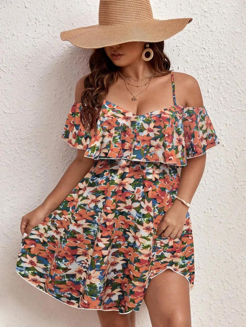 Plus Size Ditsy Floral Print Cold Shoulder Ruffle Trim A Line Dress, Boho Romantic Short Dress for Beach Vacation Holiday, Summer Outfits 2024, Dresses for Women, Women's Clothes for Summer