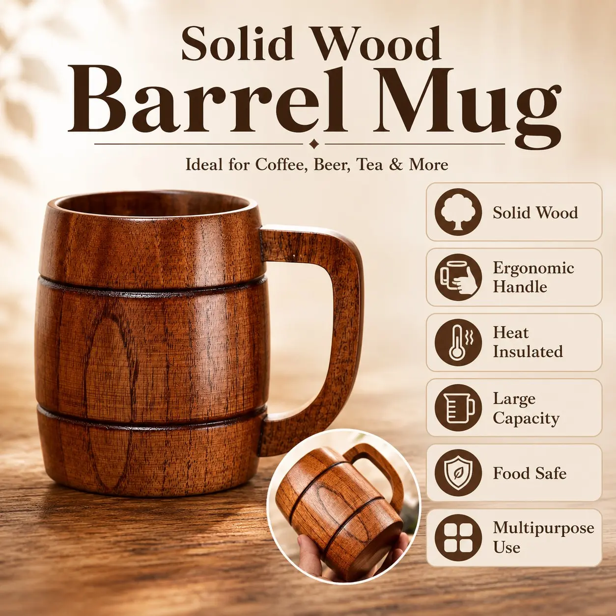 Solid Wood Barrel Mug, With Ergonomic Handle Heat Insulated Wooden Coffee Beer Mug, Cozy Mug, Large Capacity Food Safe Multipurpose Drinking Cup, Ideal Gift for Party Gathering Home Bar, Drinkware Insulation Washable Coffee Mugs