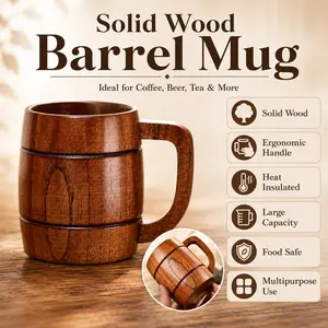 Solid Wood Barrel Mug, With Ergonomic Handle Heat Insulated Wooden Coffee Beer Mug, Large Capacity Food Safe Multipurpose Drinking Cup, Ideal Gift for Party Gathering Home Bar, Drinkware Insulation Washable