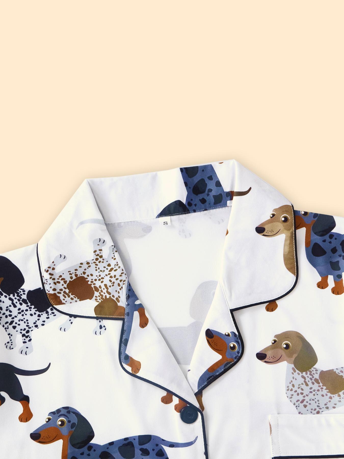 Women's Cartoon Dog Print Short Sleeve Matching Pajamas Two-piece Set, Casual Comfy Lapel Neck Button Design Pj Set for Daily Home Wear, Ladies Sleepwear for All Seasons, Loungewear,  Pastel Cute Pajamas, Breathable Stylish Pajama, Cute Pajama Sets