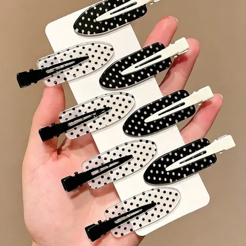 8pcs Black & White Polka Dot Seamless Hair Clip Set, Fashionable Bangs & Messy Bun Hair Clips, Suitable For Dates, Beach Vacation, Dress Matching, Outings, Gifts（Does not include a card）