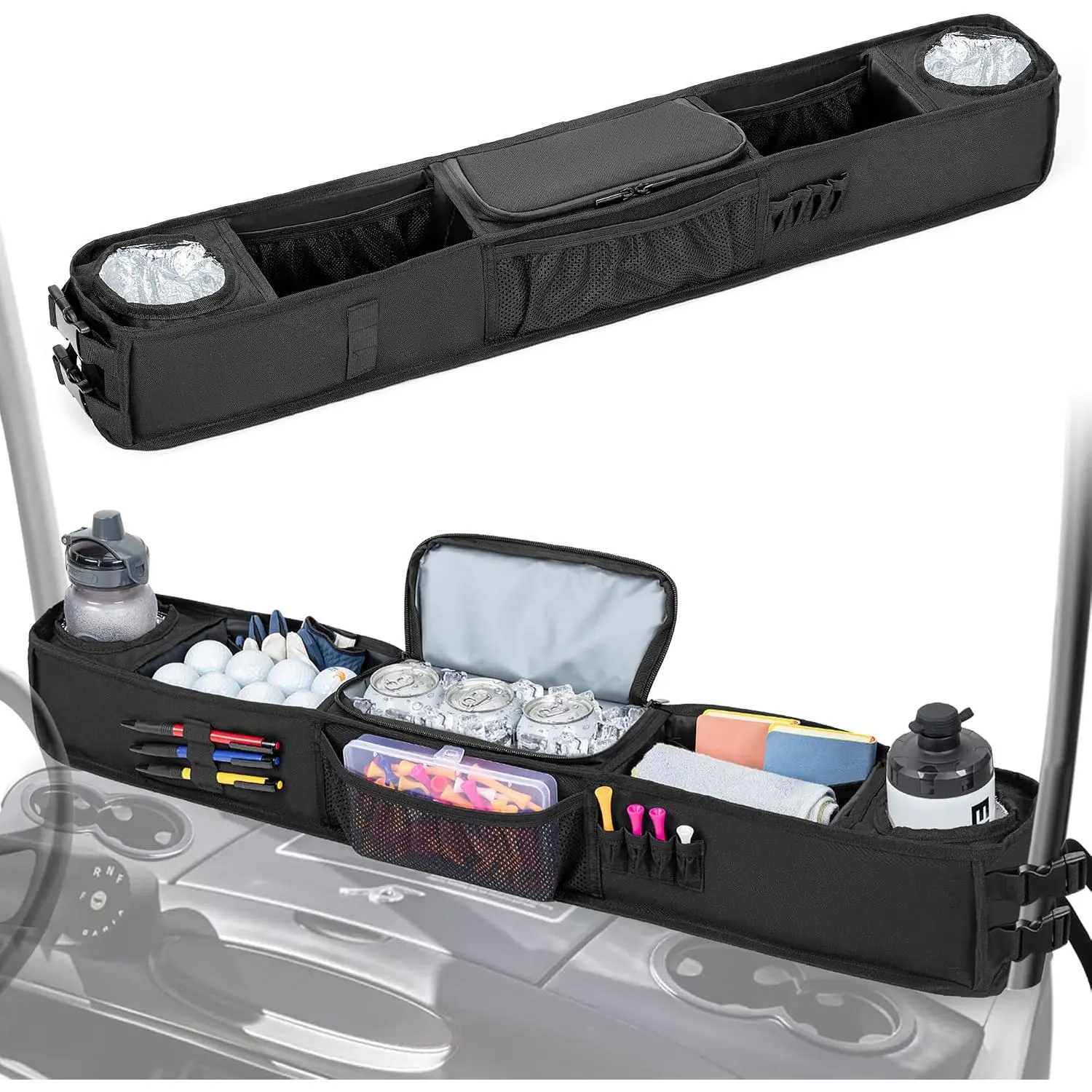 Nylon Adjustable Golf Cart Front Storage Tray - No-Drilling Organizer with Cooling Comp. | Compatible with EZGO, Club Car, Kandi Models | Ideal for Golf Course Use