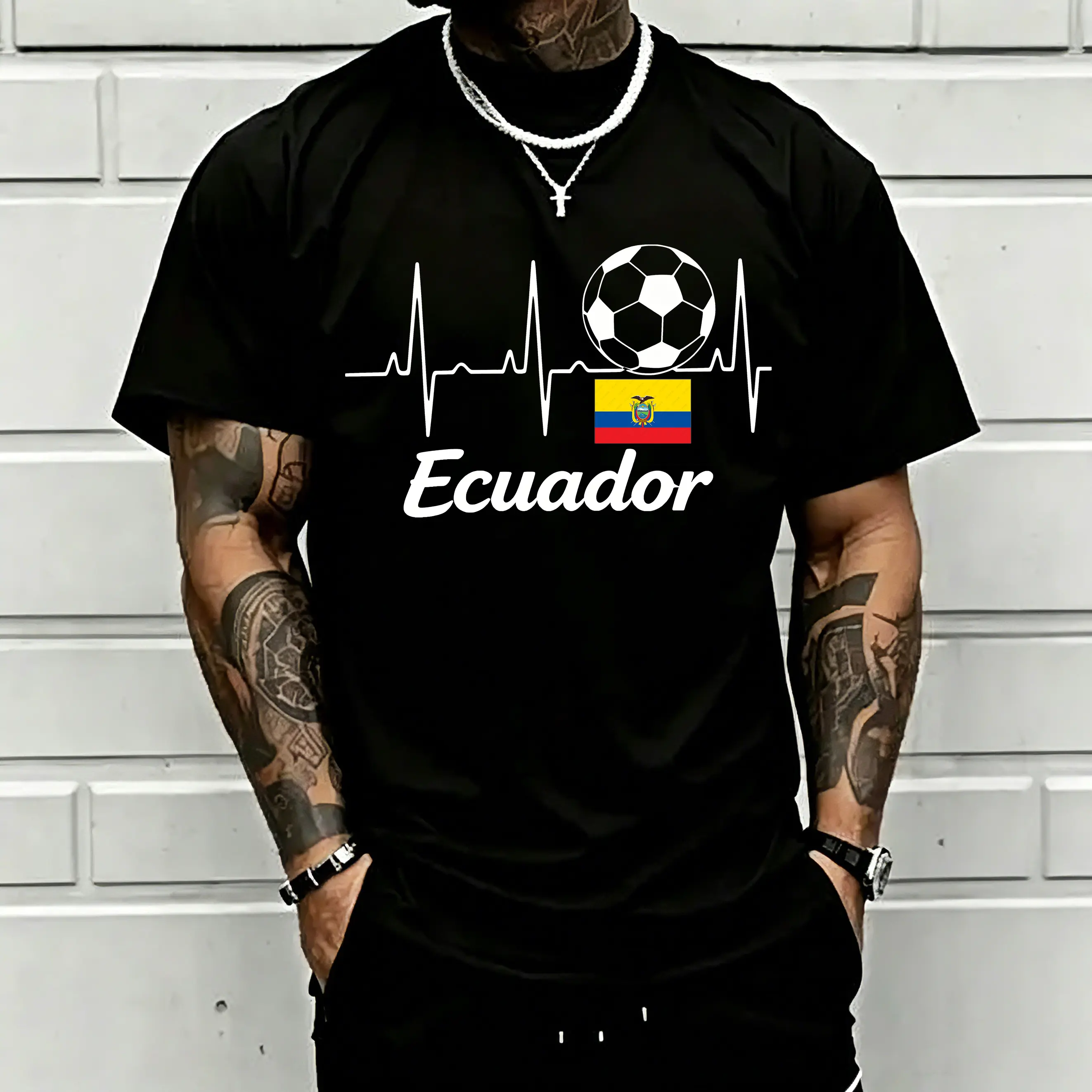 Men's Graphic T-Shirt, Oversize Ecuador Soccer Fashion Print in 100% Cotton, Casual Streetwear Short Sleeve Top for All-Year Wear, Round Neck
