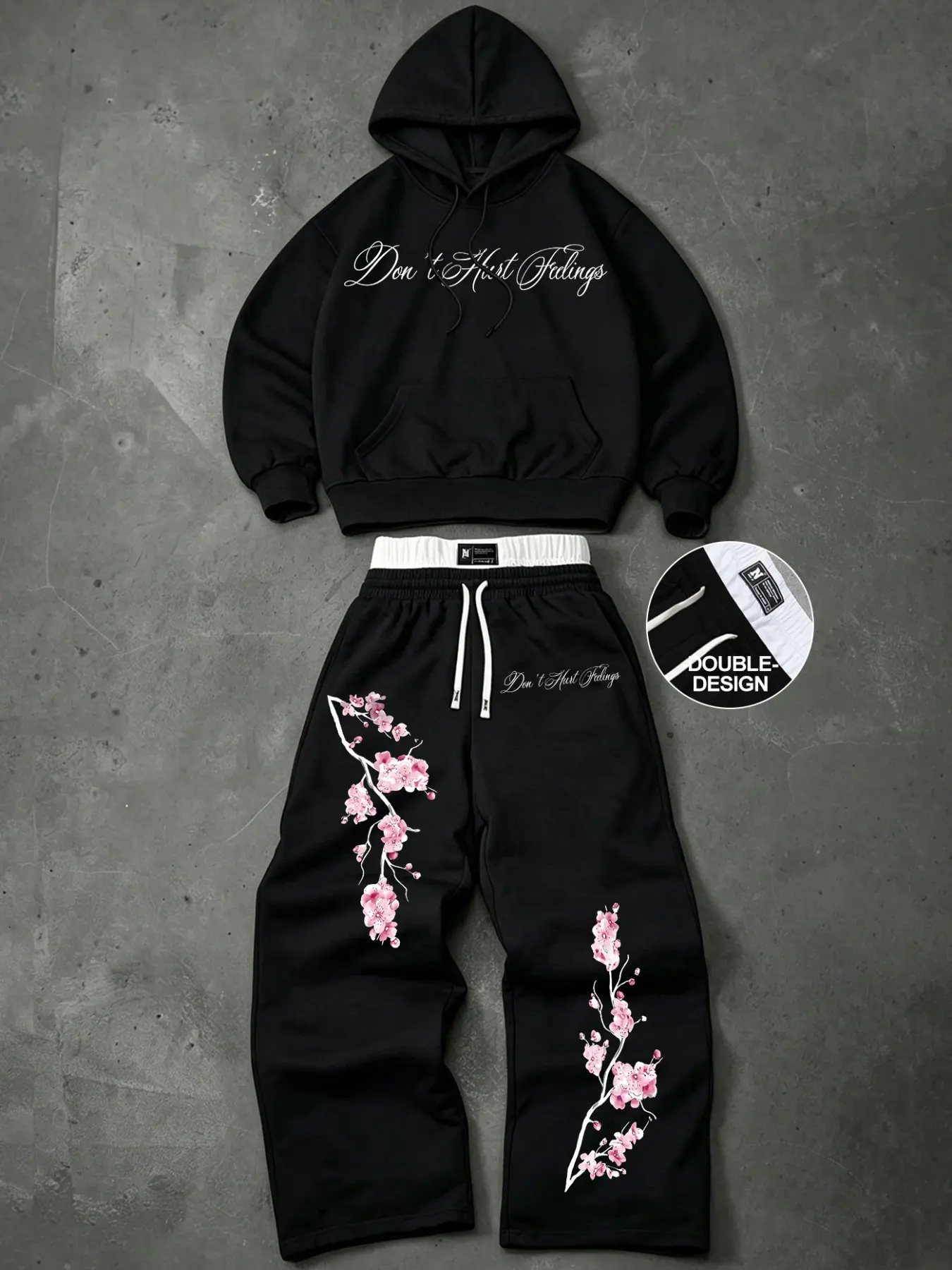 Men 2‑Piece Streetwear Matching Set Black Oversized Hoodie And Wide Leg Sweatpants Cherry Blossom Floral Cursive Letter Graphic Print Drawstring Hood Kangaroo Pocket Elastic Waistband Heavyweight Outfit Set For Fall Winter Daily Skate Going‑Out Casual OOT