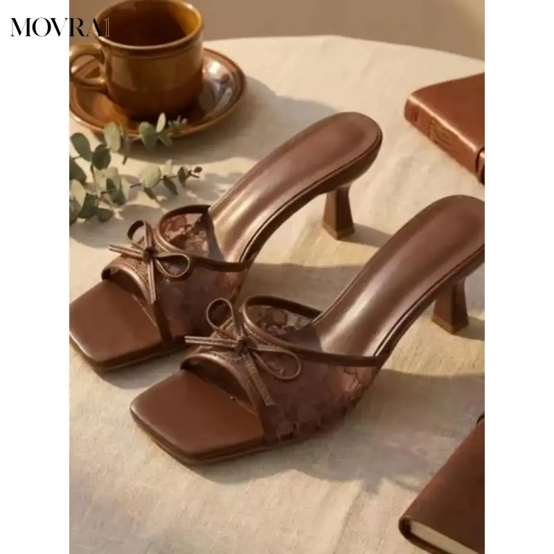 MOVRA1 New Women's Lace Bow Kitten Heel Sandals, Pointed Toe PU Leather Stiletto Mules, Elegant Vintage Dress Pumps Party Office, Bow Decorated Sandals, Dressy Sandals