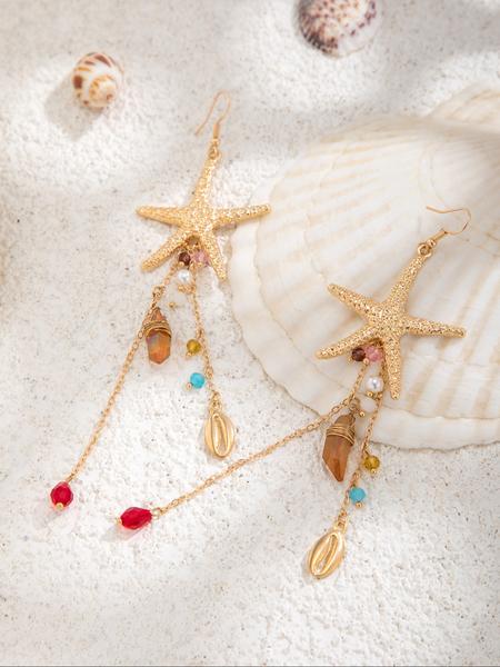 Women's Boho Style Alloy Statement Earrings Set, Ocean-Inspired Starfish Shell Design, Irregular Crystal Beaded Dangle Jewelry for Daily Wear & Vacation