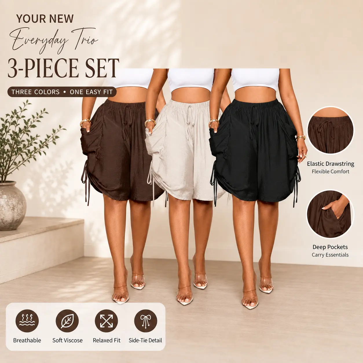 Women's 3-Pack Wide Leg Bermuda Shorts - Soft Viscose, Elastic Drawstring Waist, Deep Pockets, Loose Fit, Knee-Length Feminine Casual Summer Bottoms, Adjustable Ruched Side Ties for Beach Vacation, Daily Wear