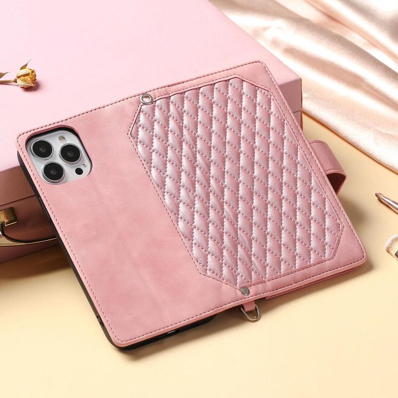 Crossbody Wallet Case For iPhone 17 16 Pro Max 15 14 Plus 13 12 Leather Phone Case with Card Holder Kickstand & Wrist Strap Cover Magnetic Closure Flip Handbag Zipper Purse Shell for Women