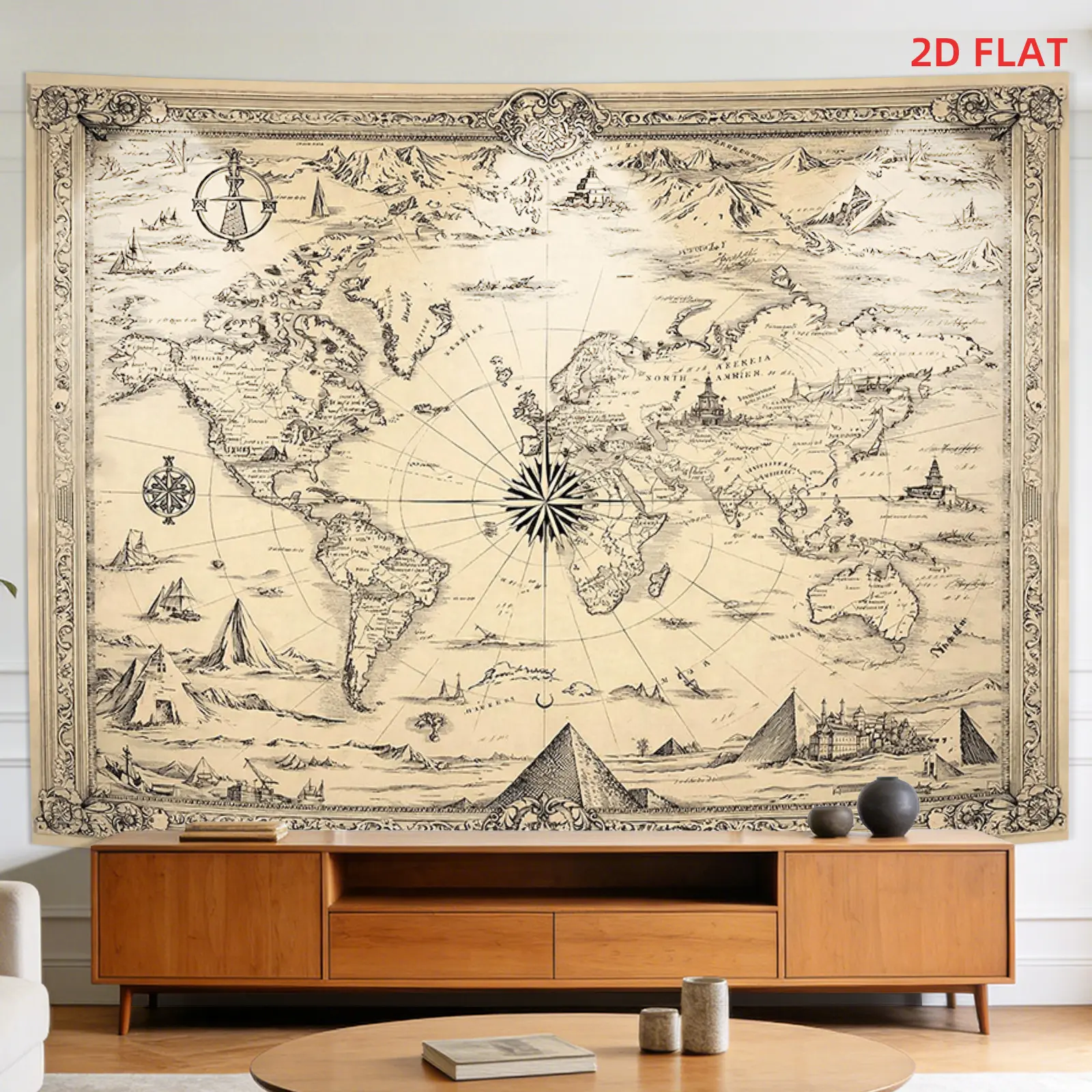 2D Flat - 2D Flat - A Tapestry Featuring a Large Or Small Design of an Vintage World Map, Compass Rose, And Nautical Details, Perfect for Decorating Walls in Living Rooms, Meditation Spaces, Offices, Or for Party Decor.It Does Not Glow in The Dark