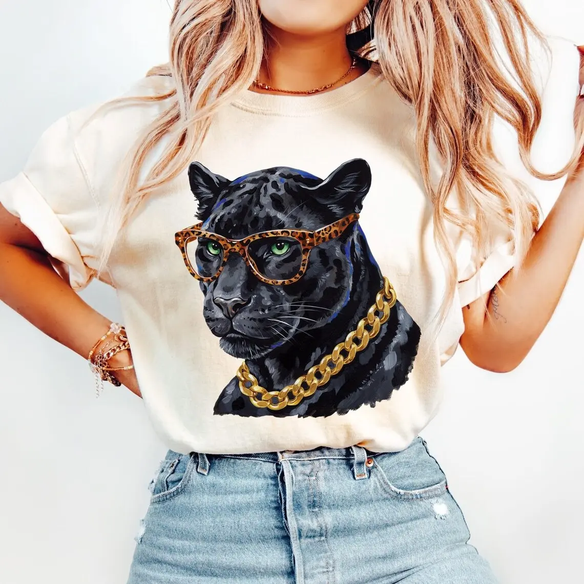 Women's Vintage Oversized Short-Sleeve Crew Neck T-Shirt - Cool Black Panther with Leopard Glasses Gold Chain Graphic, Comfortable Fabrics, Summer Casual Hip Hop Style, Ideal for Birthday Outfits (Pair with Sweatpants), Shortsleeve, Everyday, Lady, Round,