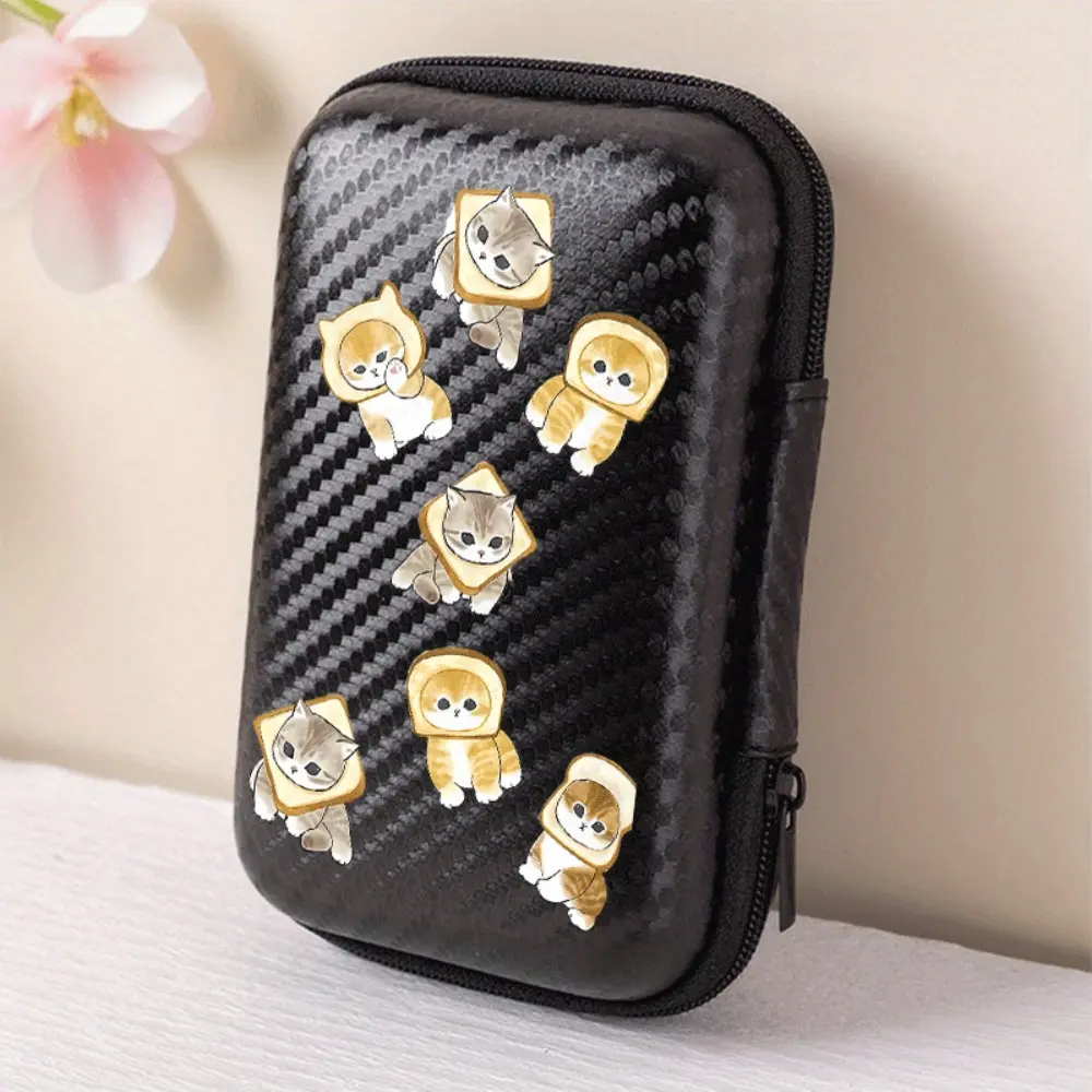 Bread cat pattern printed storage box with mesh pocket and compact design - cable/headphone/charger storage box, suitable for office, travel, animal enthusiasts - durable and portable electronic accessory organizer