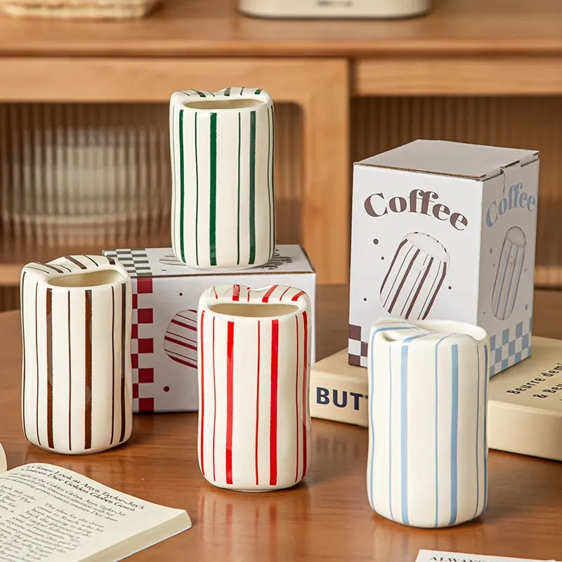Cute Wave Ceramic Coffee Cup, Irregular Organic Shape, Vertical Stripes, Modern Aesthetics, Multi-Color, Perfect Gift for Women, Kitchen Office Desk