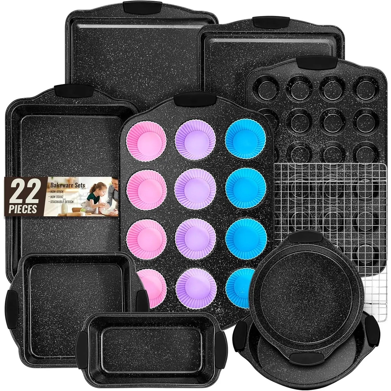 Baking Pans Set Nonstick, Bakeware Sets Stackable with  Handles,  22 count Oven Pan for Cooking Including Baking Cookie Sheet with Rack, Roast Pan, Cake Pan, Loaf Pan, Muffin Pan, Black