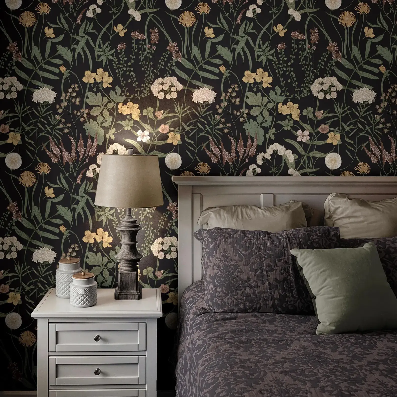 One Roll Moody Black Botanical Wallpaper | Vintage Wildflower Bedroom Bathroom | Removable Peel Stick, Prepasted | Dark Academia Floral Maximalist, DIY Home Decor, Durable & Easy to Cut, Vintage Peel and Stick Wallpaper