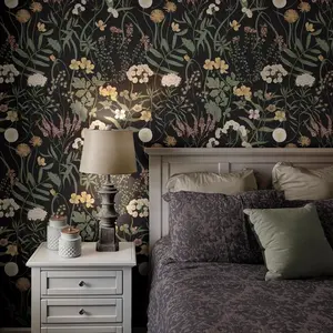One Roll Moody Black Botanical Wallpaper | Vintage Wildflower Bedroom Bathroom | Removable Peel Stick, Prepasted | Dark Academia Floral Maximalist, DIY Home Decor, Durable & Easy to Cut