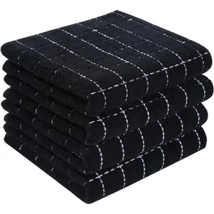 100% Cotton Terry Kitchen Towels(Black, 13 x 28 inches), Checkered Designed, Soft and Super Absorbent Dish Towels, 4 Pack
