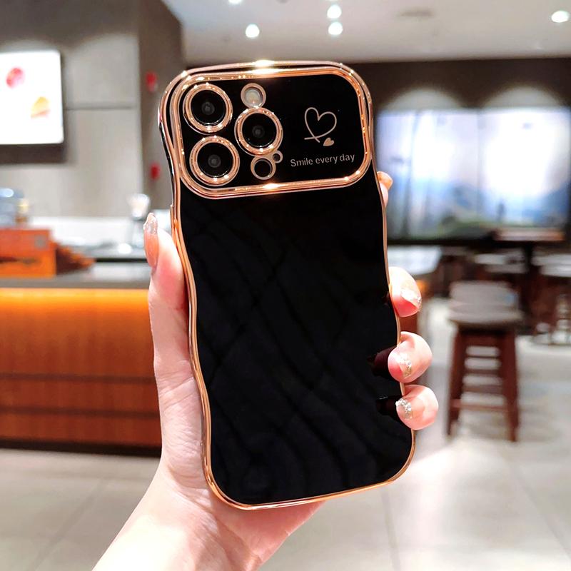 OREKROY [FreeShip] Cute Wave Shape with Love Heart Raised Camera Protection Phone case For iPhone 16 15 14 13 1211 Pro Max Accessories Durable Silicone Shiny Silicone Shiny Wavy