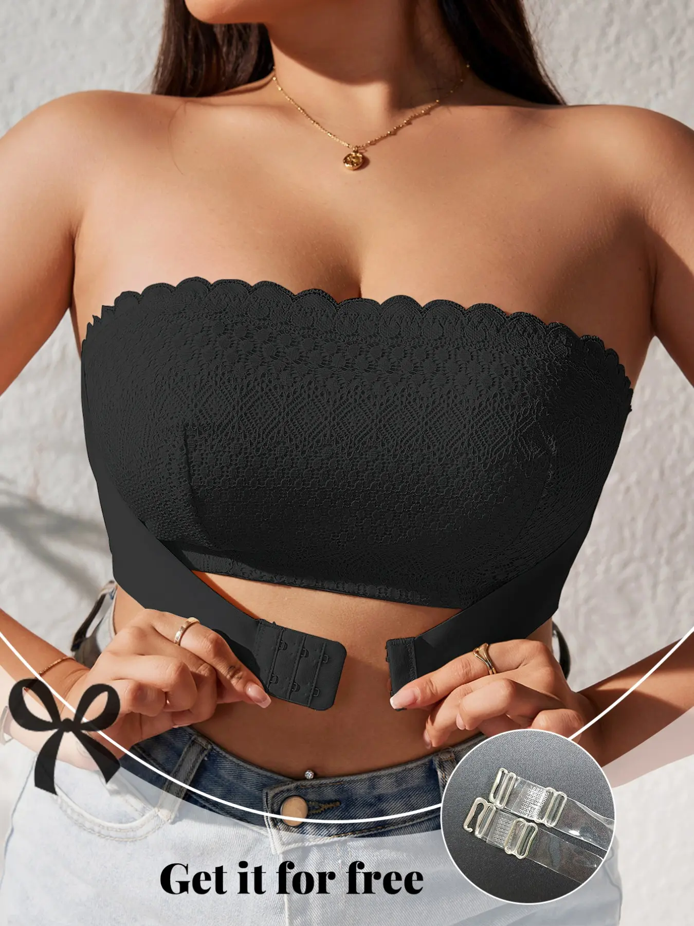 Women Lace Strapless Bandeau Bra Elegant with Free Detachable Clear Straps, Front Multi-Hook Closure, Side Gather Anti-Slip Lift Support for One Shoulder Wedding Dresses