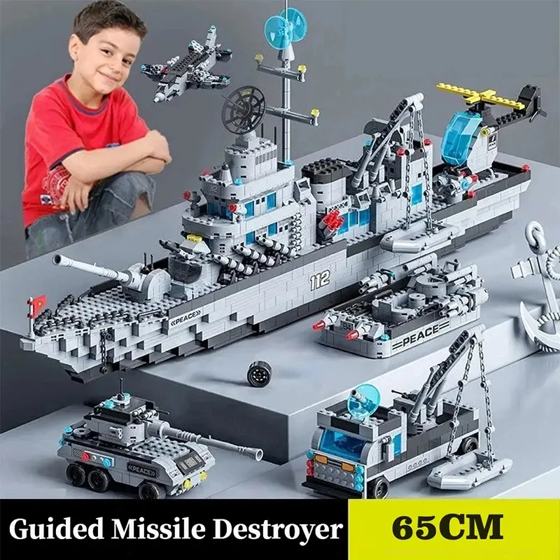 65.5CM 6 IN 1 Military Navy Ship Sets Building Blocks War Army Boat Plane Model Toys for Boys Bricks Toys Christmas Gifts