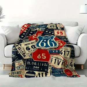 1pc Vintage Route 66 Sign Style Blanket |   Flannel Sofa Bed Cover with NV, CA, TX, MO, IL License Plates - Deep Background Retro American Highway Decor |   All-Season Comfort Gift for Travelers and History Lovers - Light Beige for Home, Camping
